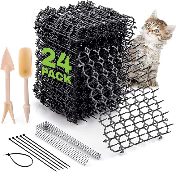 Cat Scat Spike Strips (24Pack) - Pet and Dog Deterrent Prickle Mat for Garden, Porch, Home Effective, Non-Invasive and Safe Easy to Install Includes 6 Garden Pegs, 12 Ties and 2 Gardening Tools