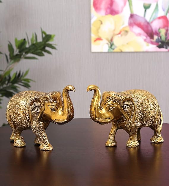 KridayKraft Metal Elephant Statue Medium Size Gold Polish 2 pcs Set for Showpiece Your Home,Office Table & Gift Article,Animal Decorative Showpiece Figurines..., Animal