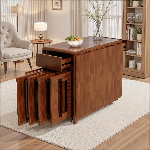 Folding Drop Leaf Dining Table and Chairs, Space Saving Solid Wood | Fully Assembled Foldable Table with Storage & 4 Wheels for Kitchen Small Spaces, 150 cm Table with 8 Hidden Chairs, Walnut