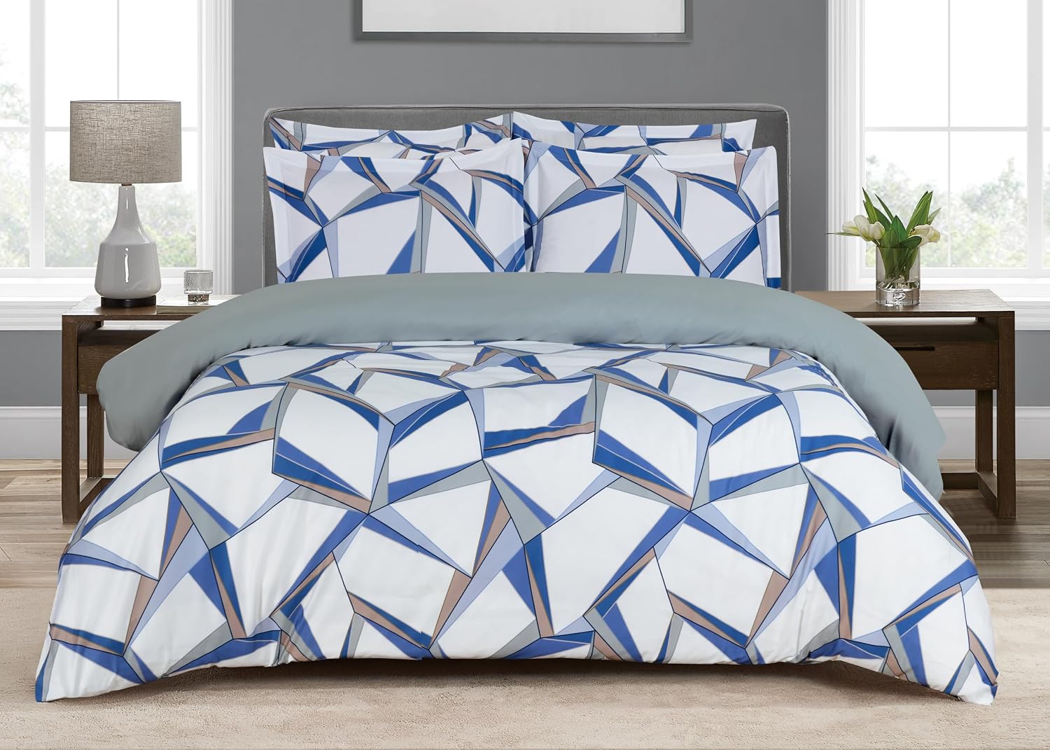 Majestic Giftware Madison Linen 6 Pcs King Size Bedding Set BL503-K | Tokyo Comfort - Blue 300 TC Cotton Sateen Durable & Washable | 1 Fitted Sheet, 1 Duvet, 4 Pillowcases - Choice Collection