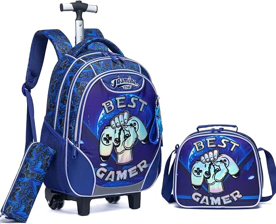 Kids Rolling Gamepad Backpack for Boys 17" Trolley Suitcases Luggage Travel with Wheels Bookbag 3PCS Set Roller Backpacks Toddler Bag Back Pack School Bags Elementary Teenagers Blue