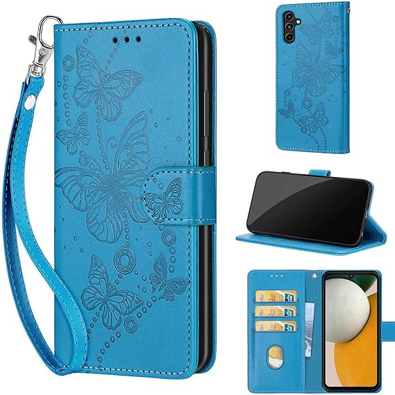 Wallet Case for Samsung Galaxy A15 5G, Blue Butterfly | Women Flip Folio Cover, Embossed PU Leather, Stand, Credit Card Holders Slots, Wrist Strap