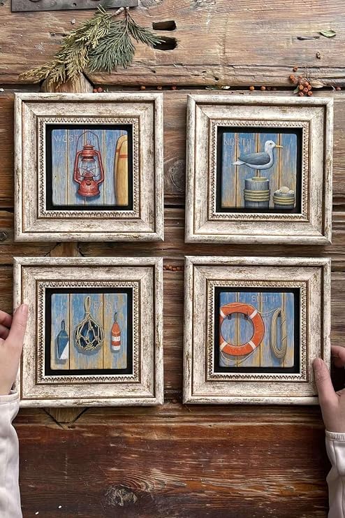 Oscar Stone Decor Çerçeveli Taş Tablo Duvar Dekoru 20X20Cm 4'Lü Set Gemici Seti Martı Gaz Lambası 4-4Cdd-098