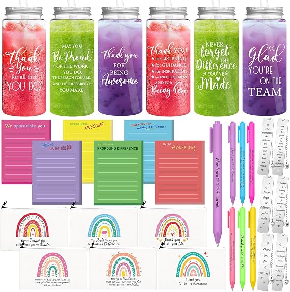 SiliFine 36 Pcs Employees Appreciation Gift Set Thank You Gifts for Women 6 Set Inspirational Tumbler with Lids and Straws Makeup Bags and Keychains Ballpoints Sticky notepads bookmark with pendant