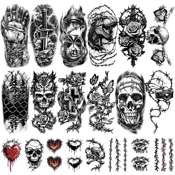77 Sheets Barbed Wire Temporary Tattoo, 17 Sheets Half Arm Skull Barbed and Wire Rose Fake Tattoos for Women Men, 60 Sheets Prison Cross Sword Thorny Rose Realistic Tiny for Adult Kids Body Tattoos