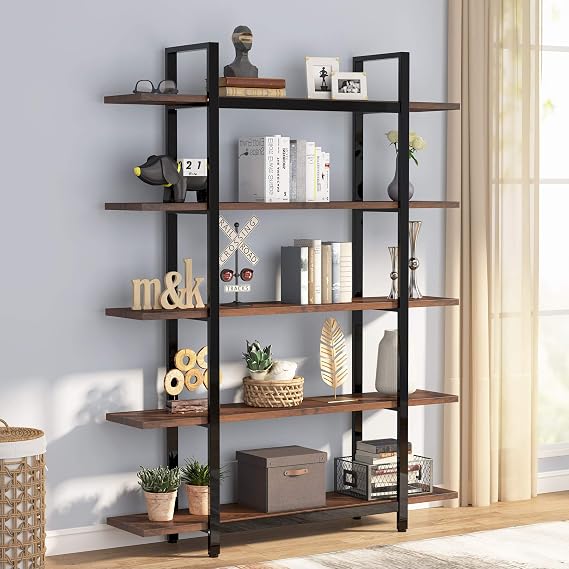 Tribesigns 5-Tier Large Open Bookshelf, Industrial Etagere Bookcase Storage Display Shelves for Home and Office, Vintage Organizer Shelving Unit with Wood Grain (Brown)