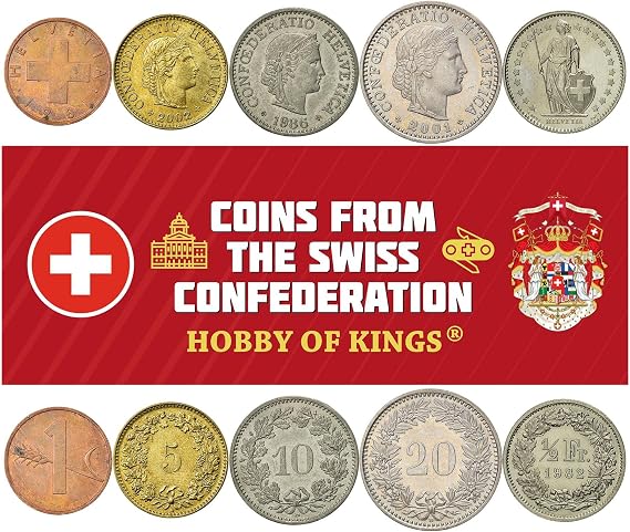 5 Coins from Switzerland | Swiss Coin Set Collection 1 5 10 20 Rappen 1/2 Franc | Circulated 1981-2023 | Wheat | Libertas | Helvetia