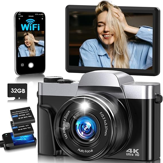 Digital Camera,4K 64MP WiFi Camera for Photography,3'' 180 Flip Screen | Vlogging Camera for YouTube,Autofocus,Compact Travel Camera for Beginners with 32GB SD Card,16X Zoom,Anti-Shake,2 Batteries