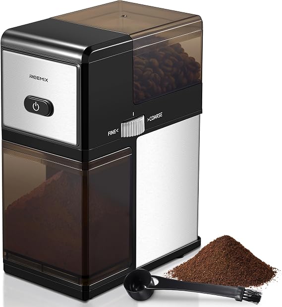 Electric Burr Coffee Grinder, Reemix Automatic Flat Burr Coffee | for French Press, Drip Coffee and Espresso, Adjustable Burr Mill, Black+Silver