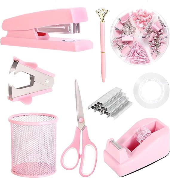 Pink Desk Accessories, Pink Office Supplies Set with Stapler, Tape Dispenser, Staple Remover, Pen Holder, Scissor, BinderPaper Clips, Ballpoint Pen, Clear Tape and 1000pcs Staples