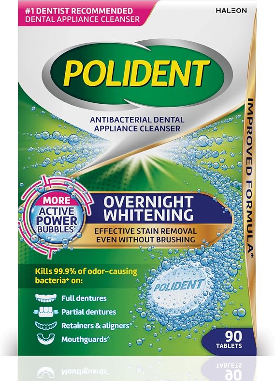 Polident Overnight Whitening Antibacterial Dental Appliance Cleanser Tablets, Mouthguard Cleaning Tablets, 90 Count