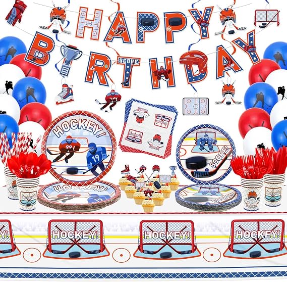 Hockey Party Supplies - Ice Hockey Birthday Party Set Including Plates, Cups, Napkins, Tableware, Tablecloth, Hanging Swirl, Balloons, Banner for Kid's Hockey Fans Birthday Gameday - Serves 20