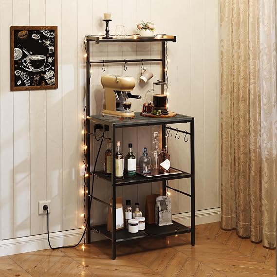 MAHANCRIS Bakers Rack with Power Outlet, Kitchen Storage Shelf with 6 Hooks, Microwave Stand with Storage, 4-Tier Coffee Bar Station, for Kitchen, Dining Room, Charcoal Gray and Black BRHT35E01N1