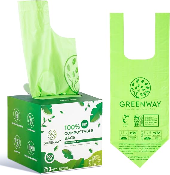 GREENWAY 3 Gallon Compostable trash Bags with Handles,100 Count, Extra Thick 0.70 Mil, BPI & OK Home Certified,Small kitchen Trash Bags for Countertop Compost Bins, Food Waste, Bathroom, Cat Litter