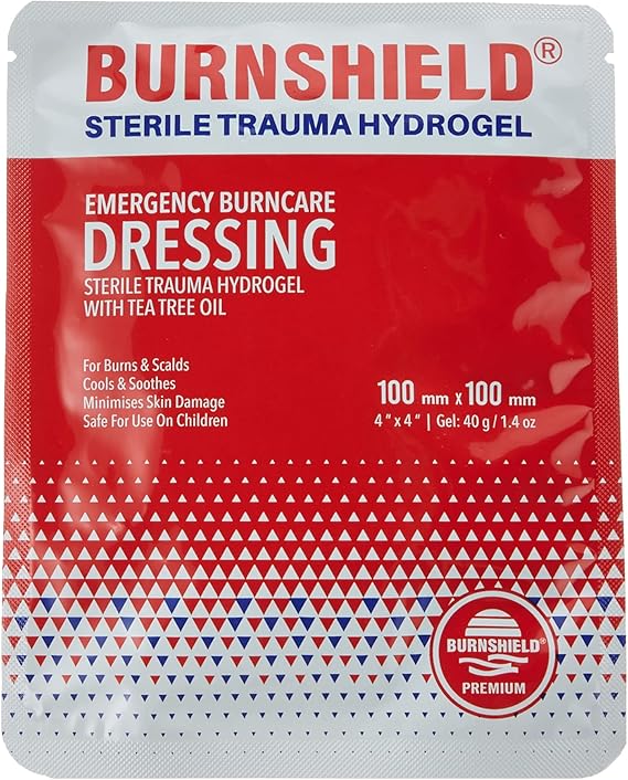 Burnshield Burn Dressing 4" x 4" Sterile Hydrogel Trauma Pad for Minor Burns, Scalds & Sunburn Single Use First Aid Treatment