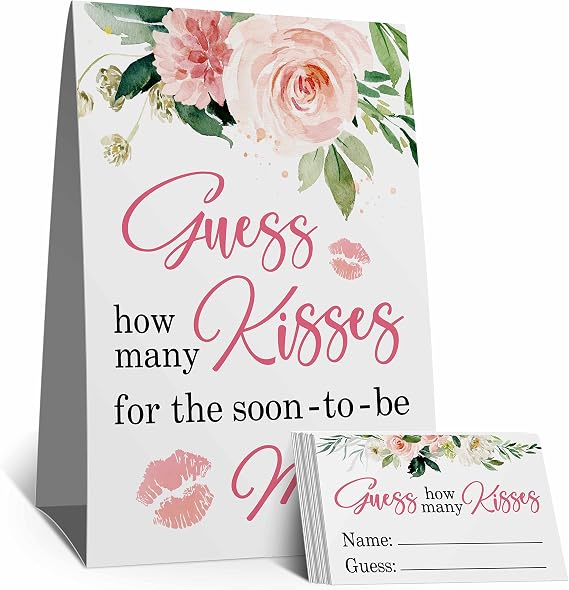 skuhyyg How Many Kisses Bridal Shower Game Sign, Pink Floral, How Many Kisses for the Soon to be Mrs Bridal Shower Game,Watercolor Kisses Wedding Engagement Decorations(1 Sign+50 Cards)