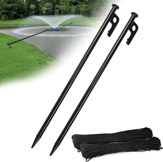 Goldlife Pond Fountain Aerator Fixing Accessories - 2Metal Ground Stakes with 2101ft Braided Nylon Rope, Heavy Duty Tent Stake Pegs and Paracord For Camping Tent, Canopies, Carport, Fountain Aerator