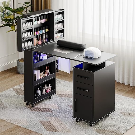 Manicure Table with Extendable Polish Cabinet, Nail Desk with LED Light, Dust Collector, Wrist Rest, Lockable Wheels, Beauty Salon Station Home Nail Tech, Black