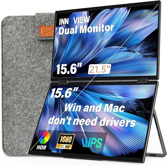 InnoView Dual Portable Monitors 15.6" Laptop Screen Extender 1080P FHD Stacked Folding Triple Monitor HDMI USB-C Portable Dual Monitor for Laptop PC Windows Mac (No Driver Needed)