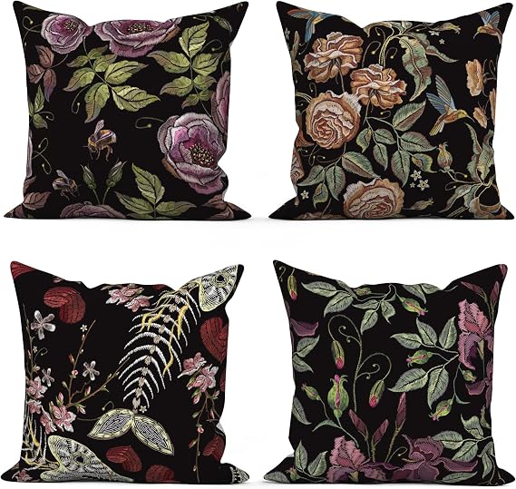 Black Gothic Floral Throw Pillow Covers, Purples Flower Dark Decorative Velvet Pillow case, Rose Hummingbird Pattern 4-Pack Double-Side Printed Pillowcases for Sofa Home Living Room, 18x18 in