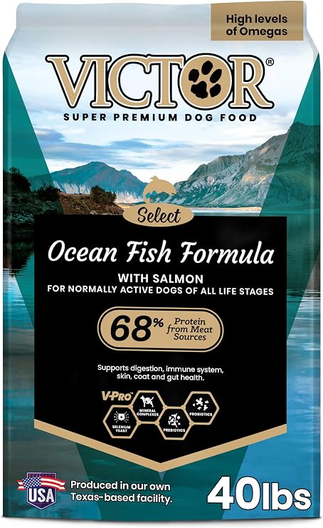 VICTOR Select Dry Dog Food - Ocean Fish Formula with Salmon Kibble, 40 lb | Super Premium Dog Food, Omega-3 & Omega-6 Enriched, Gluten-Free, For All Normally Active Dogs of All Life Stages, 40lbs