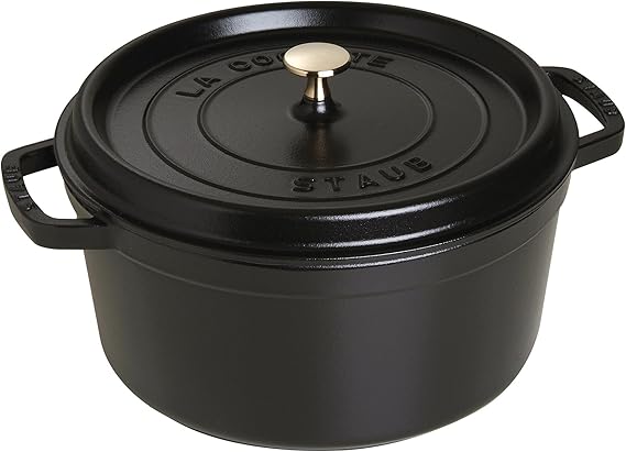 Staub Cast Iron Round Cocotte, Dutch Oven, 7-quart, serves 7-8, Made in France, Matte Black