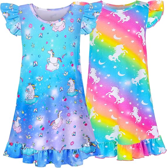 Sylfairy 2pcs Girls Nightgowns, Unicorn Nightgown Princess Pajama Dresses for Girls Sleepwear Nightie