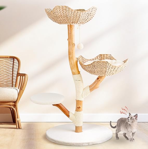 Realwood Modern Cat Tree Tower, Cat Scratch Post with Bed for Indoor Cats, Large Adults, Solid Wood Climbing Tower, Cute Rattan Condo, Aesthetic Stand, Bohemian Luxury Pet Furniture
