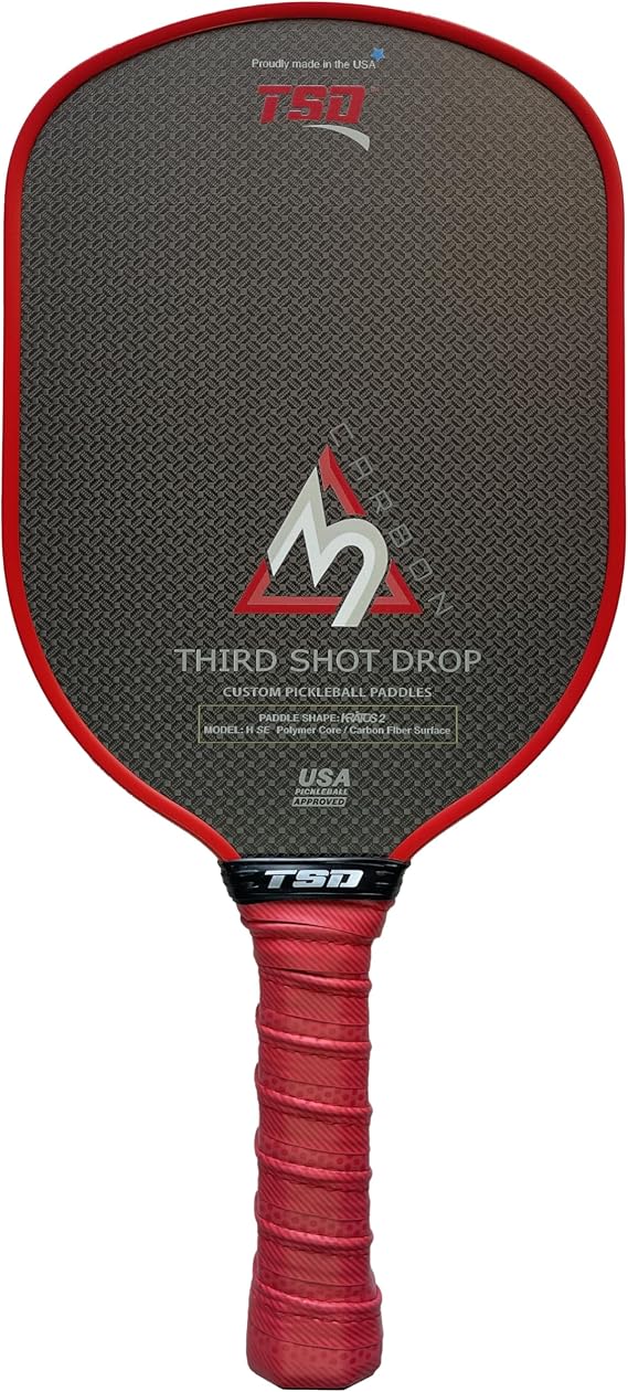 TSD Elongated 6" Handle Pickleball Paddle | Carbon Fiber Weave Surface | Triple Layer Carbon Fiber Diamond Weave Surface