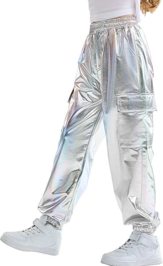 Rolanko Girls Metallic Cargo Pants, Shiny Jogger Pant for Dance 6-15 Years