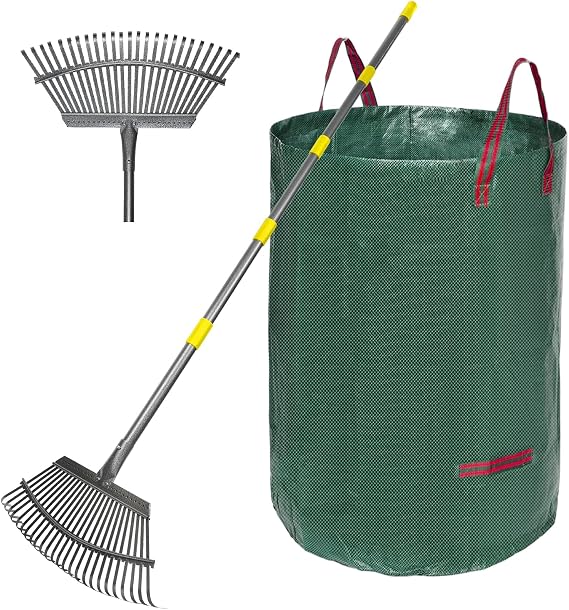 Adjustable Garden Rake for Leaves 36-73" Long Handle, 18" Wide, Heavy Duty with 25 Metal Tines ,Includes 32Gallon Leaf Bags,Designed for Lawns, Grass, Shrubs ,Flower Beds