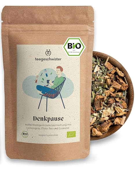 teegeschwister Denkpause Organic Tea Natural Mate Tea with Guarana & Ginger Perfect for Learning & Studying Energy through Natural Caffeine Gift Idea for Students & Students 100 g