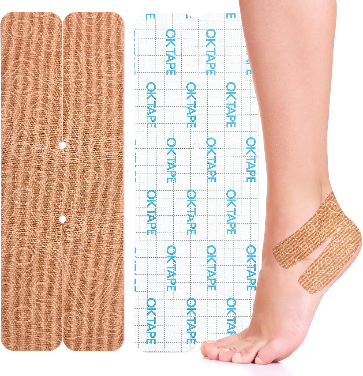 OK TAPE Kinesiology Tape for Ankle - 10 Precut Strips | Professional-Grade Water-Resistant & Breathable Ankle Tape for Sports Injury Recovery, Support, 10pcs, Beige
