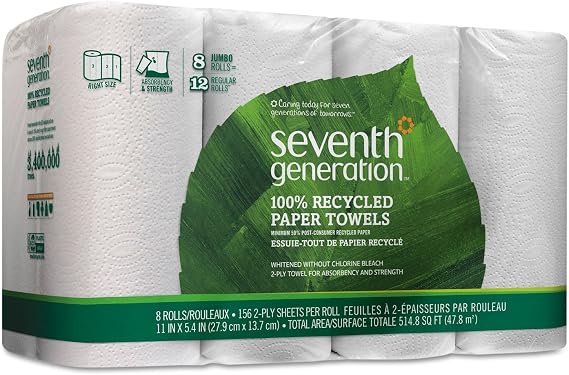Seventh Generation 13739PK 100% Recycled Paper Towel Rolls, 2-Ply, 156 /RL, 8 RL/PK