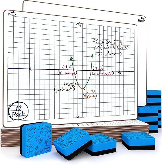 SCRIBBLEDO 12 Pack XY Axis Coordinate Graph Lap Boards 9x12 with 12 Erasers