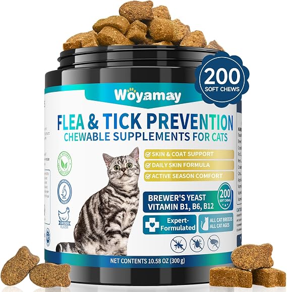 Woyamay Flea and Tick Support for Cats Chewables, Natural Cat Flea Chews | 200 Treats Flea Support Chewable Supplement for Cats Kittens for All Breeds, Daily Cat Flea Care, Chicken Flavor