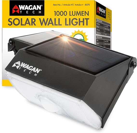 Wagan Tech 1000 Lumens Integrated LED Black Motion Activated Solar Security Wall Pack Light, 4000K EL8570