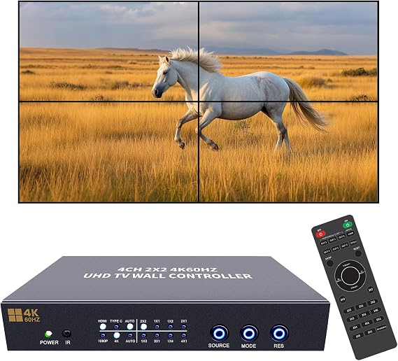 ISEEVY 4K60 Video Wall Controller 2x2 UHD TV Wall Controller 1X2 2X1 1X3 3X1 1X4 4X1 Support HDMI USB-C 4K60 Inputs and 4X HDMI 4K Outputs for max 4 TVs into 1 Wall