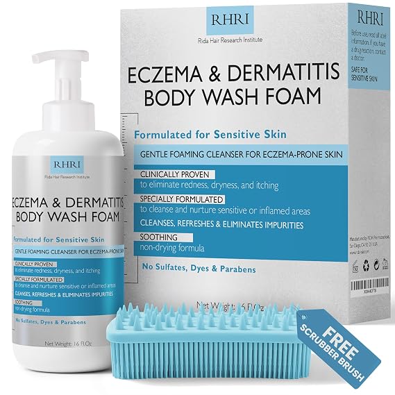 Eczema Body Wash Eczema Treatment Foaming Cleanser For Eczema Prone Skin | Foaming Cleanser For Eczema Prone Skin, Soothes Dryness & Itching, Gentle On Dermatitis, Sulfate Free, Free Scrubber Brush