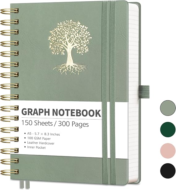 RETTACY Graph Grid Paper Notebook, 300 Pages, A5 Medium (5.7'' 8.3'') | 5 Squares per Inch, Leather Hardcover, 100 GSM Thick Paper, for School, Students, Math, Engineering (Light Green)