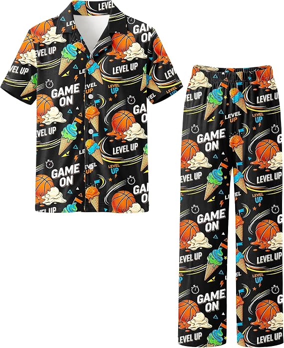Fiodrimy Boys Pajamas Big Boys Pjs Set Short Sleeves and Pants Sleepwear for Kids Button-Down Jammies Loungewear Size 7-14