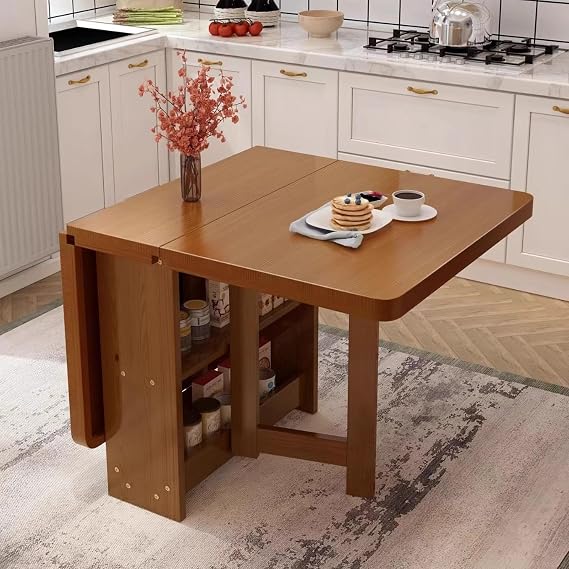 Solid Wooden Drop Leaf Dining Table,folding dining table with Double Layer Storage Rack,Collapsible Extension Dinner Kitchen Office Desk Tables(Walnut color,140x80cm)