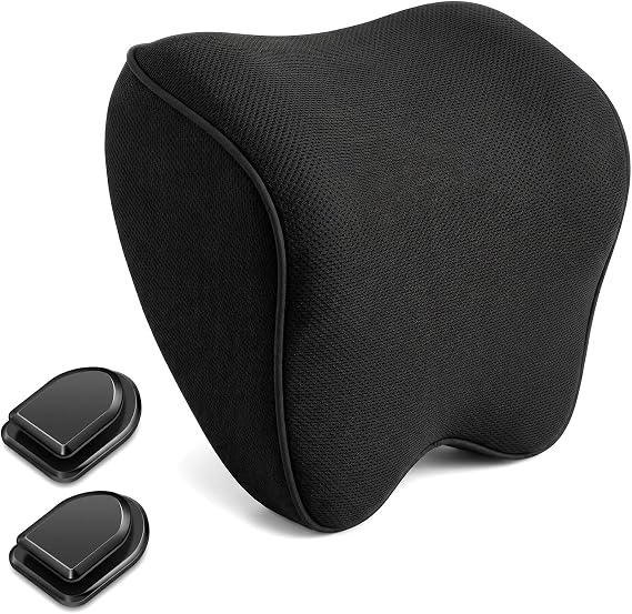 Car Neck Support Pillow - Memory Foam Car Seat Headrest for Relieving Neck Fatigue with Adjustable Strap & 2 Vehicle Hooks, Breathable Removable Cover for Driver or Passenger, Black Border