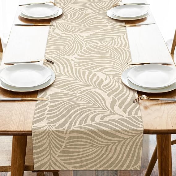 Boho Palm Leaves Beige Dining Table Runner, Botanical Tropical Leaf