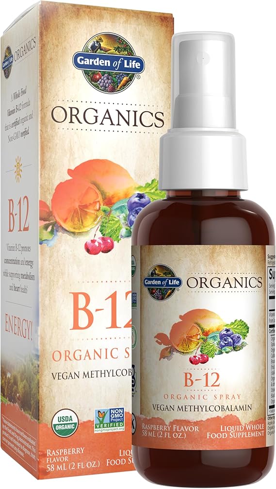 Garden of Life Organics B-12 Spray, Raspberry, 2 Fl Oz Bottle, 140 Servings | Methylcobalamin - Liquid Vitamin Spray for Energy, Metabolism & Heart Health Support