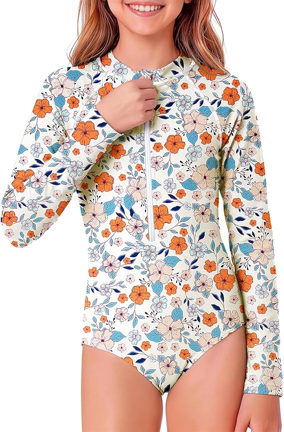 Century Star Girls Long Sleeve Swimsuit Rash Guard One Piece Zip 2-15 Years | UPF 50+ Sun Protection, Long Sleeve, Rash Guard, Zip Front, Safety Zipper Guard, Anti-Pinch Inner Flap, Soft Lining