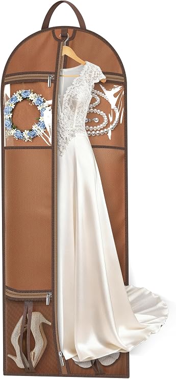 MISSLO 60" Dress Bags for Gowns Long with 4 Large Pockets Garment Bags for Travel for Women Heavy Duty Wedding Dress Bag for Hanging Clothes Garment Covers, Beige