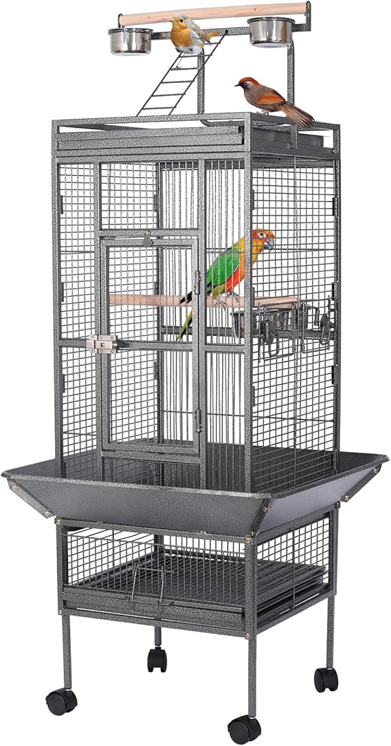 HSM 62 Inch Wrought Iron Large Bird Flight Cage with Rolling Stand | Bird Flight Cage Casters, Slide-out Tray for African Grey Parrot Parakeets Canaries Parrot Cockatiels Lovebirds Conures