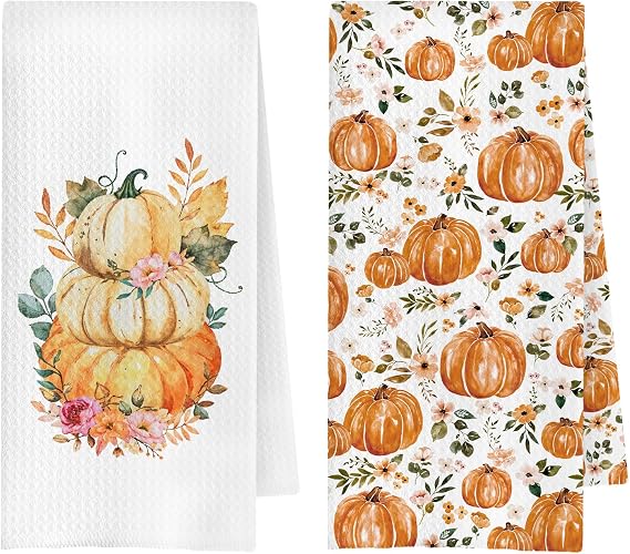 Fall Pumpkin Kitchen Towels, Rustic Floral Pumpkin Dish Tea Towel for Kitchen Decor, Farmhouse Autumn Thanksgiving Decorative Hand Towels for Bathroom, 16x24 Inches Set of 2