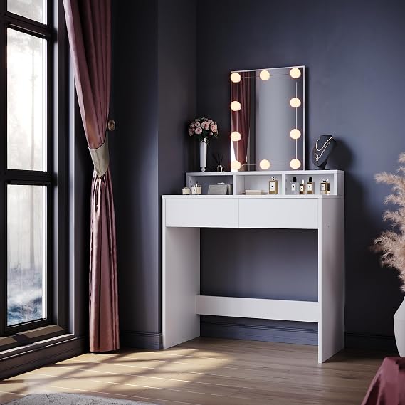 ELEGANT Dressing Table with Large Rectangular Mirror, Vanity Makeup Desk with Hollywood LED Lights and Adjustable Brightness, 3 Open Compartments and 2 Drawers Vanity Table for Girls Bedroom, White